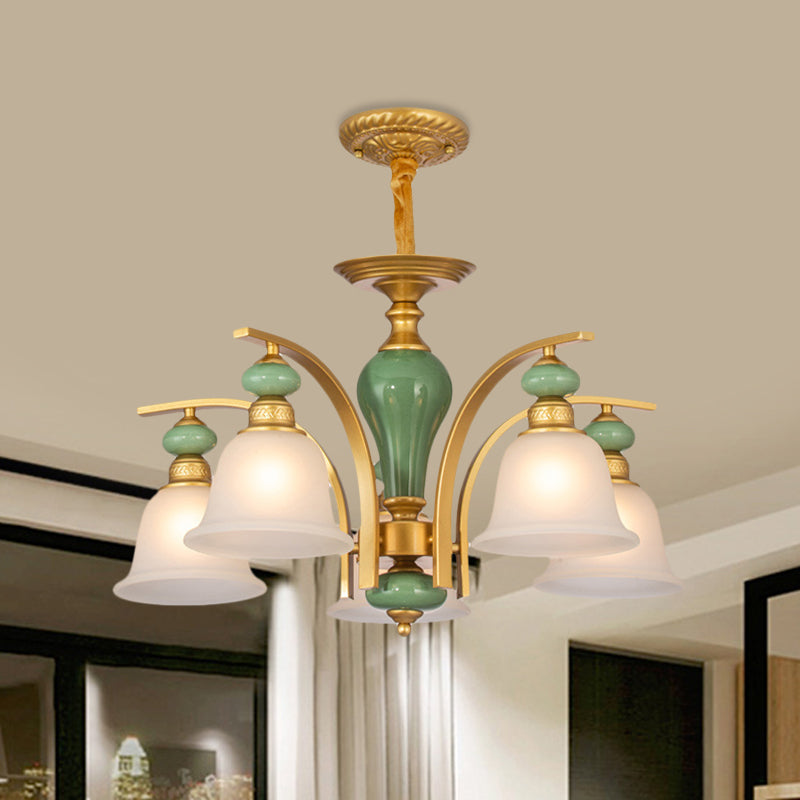 Opal Glass Gold Pendant Light Fixture Bell 5/6/8 Lights Rustic Style Chandelier Lighting with Curved Arm Clearhalo 'Ceiling Lights' 'Chandeliers' Lighting' options 785175