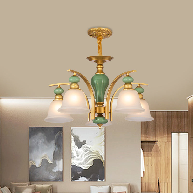 Opal Glass Gold Pendant Light Fixture Bell 5/6/8 Lights Rustic Style Chandelier Lighting with Curved Arm Clearhalo 'Ceiling Lights' 'Chandeliers' Lighting' options 785176