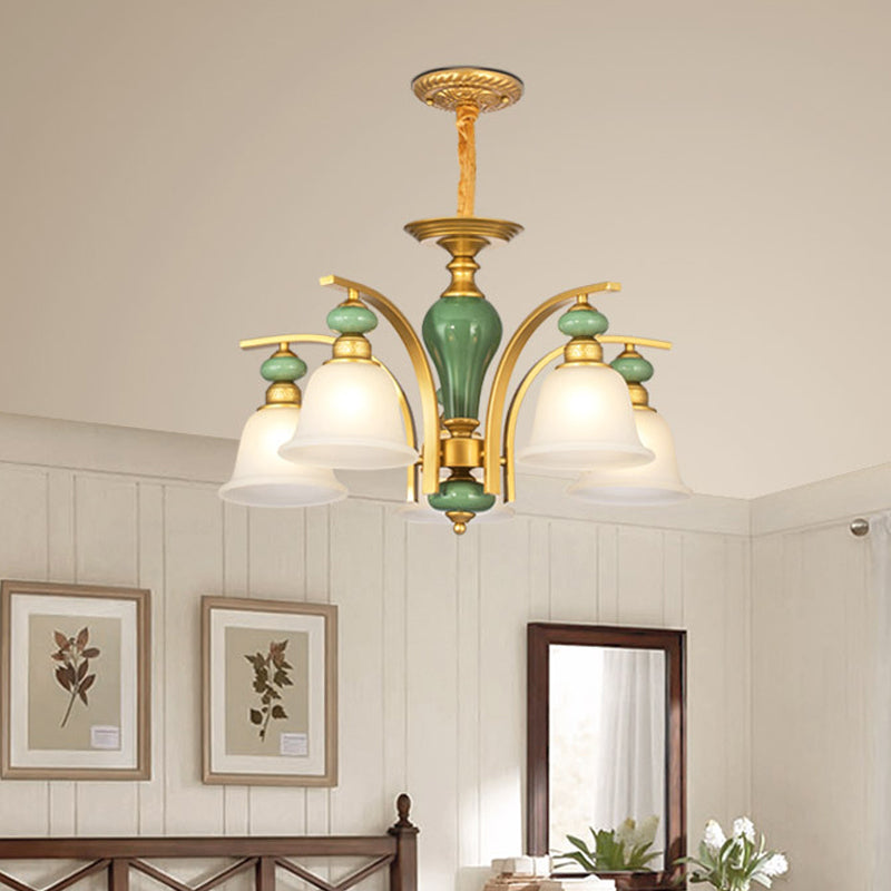 Opal Glass Gold Pendant Light Fixture Bell 5/6/8 Lights Rustic Style Chandelier Lighting with Curved Arm Clearhalo 'Ceiling Lights' 'Chandeliers' Lighting' options 785177