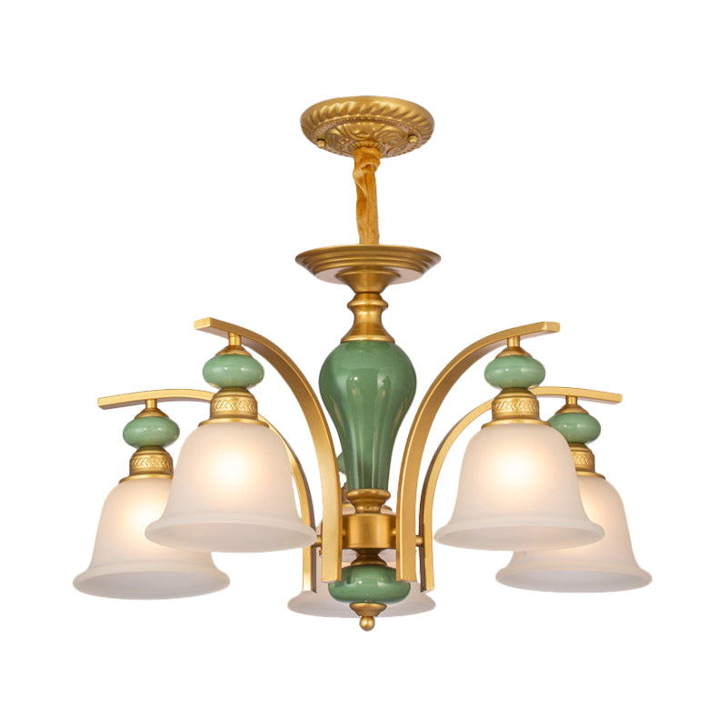 Opal Glass Gold Pendant Light Fixture Bell 5/6/8 Lights Rustic Style Chandelier Lighting with Curved Arm Clearhalo 'Ceiling Lights' 'Chandeliers' Lighting' options 785178