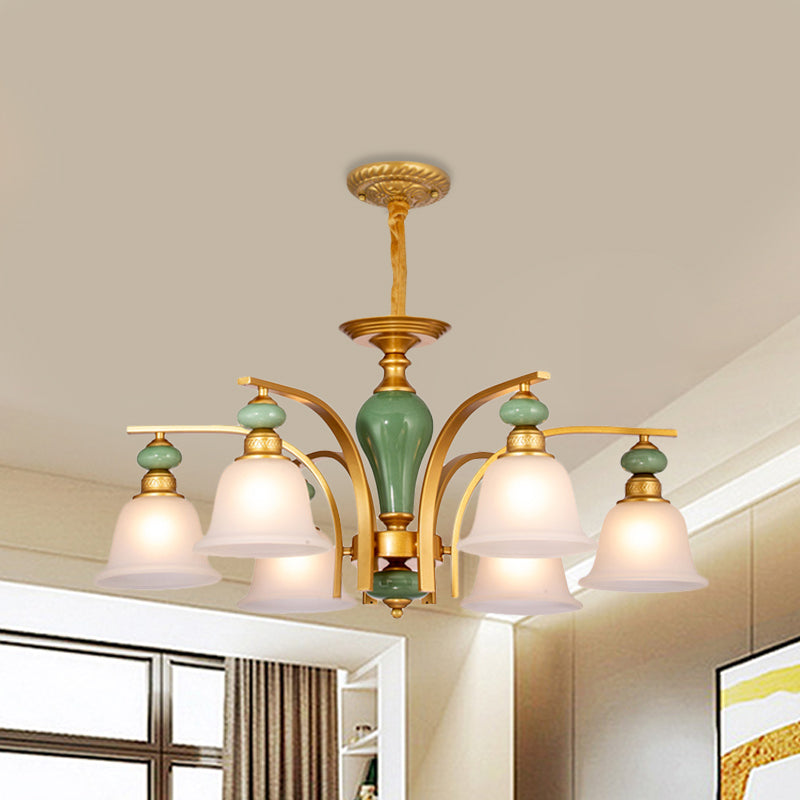 Opal Glass Gold Pendant Light Fixture Bell 5/6/8 Lights Rustic Style Chandelier Lighting with Curved Arm Clearhalo 'Ceiling Lights' 'Chandeliers' Lighting' options 785180