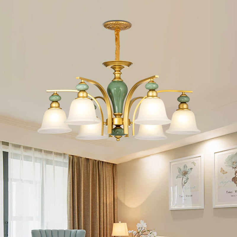 Opal Glass Gold Pendant Light Fixture Bell 5/6/8 Lights Rustic Style Chandelier Lighting with Curved Arm Clearhalo 'Ceiling Lights' 'Chandeliers' Lighting' options 785181