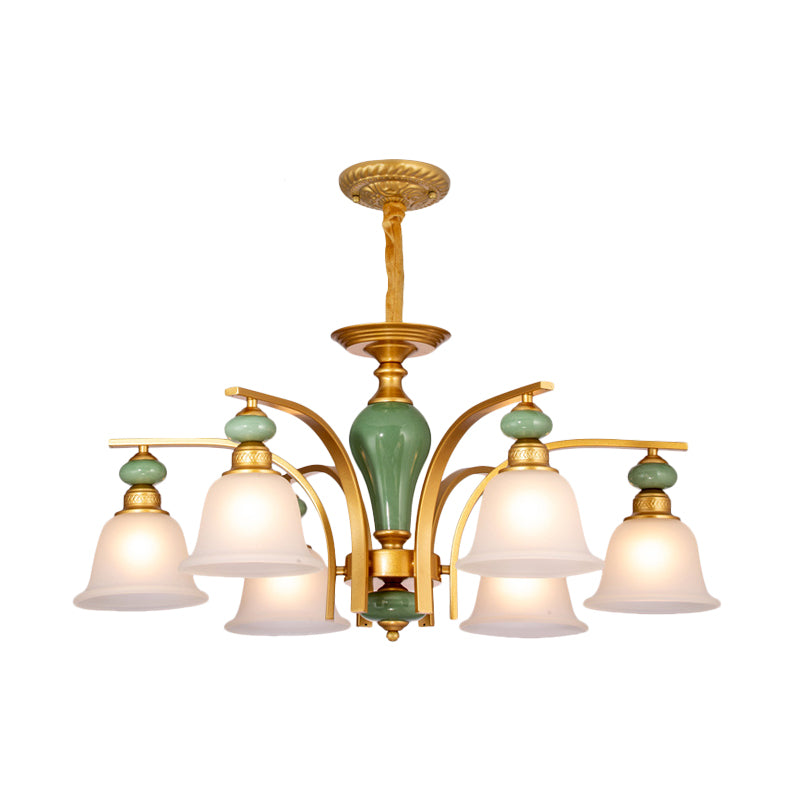 Opal Glass Gold Pendant Light Fixture Bell 5/6/8 Lights Rustic Style Chandelier Lighting with Curved Arm Clearhalo 'Ceiling Lights' 'Chandeliers' Lighting' options 785183