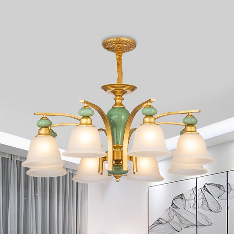 Opal Glass Gold Pendant Light Fixture Bell 5/6/8 Lights Rustic Style Chandelier Lighting with Curved Arm Clearhalo 'Ceiling Lights' 'Chandeliers' Lighting' options 785185