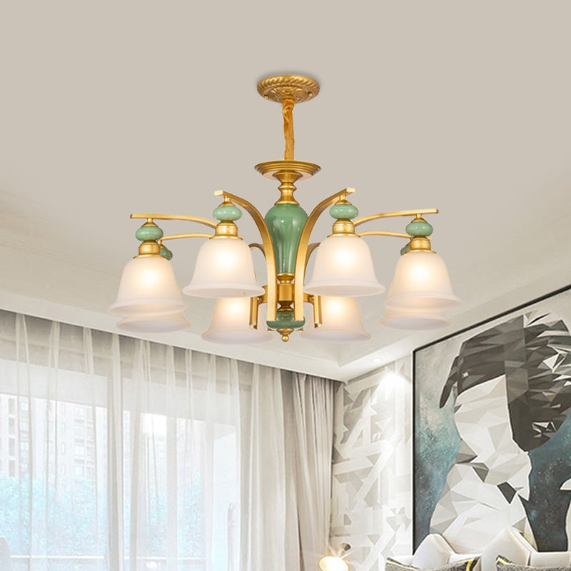 Opal Glass Gold Pendant Light Fixture Bell 5/6/8 Lights Rustic Style Chandelier Lighting with Curved Arm Clearhalo 'Ceiling Lights' 'Chandeliers' Lighting' options 785187