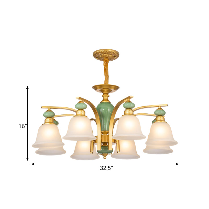 Opal Glass Gold Pendant Light Fixture Bell 5/6/8 Lights Rustic Style Chandelier Lighting with Curved Arm Clearhalo 'Ceiling Lights' 'Chandeliers' Lighting' options 785189