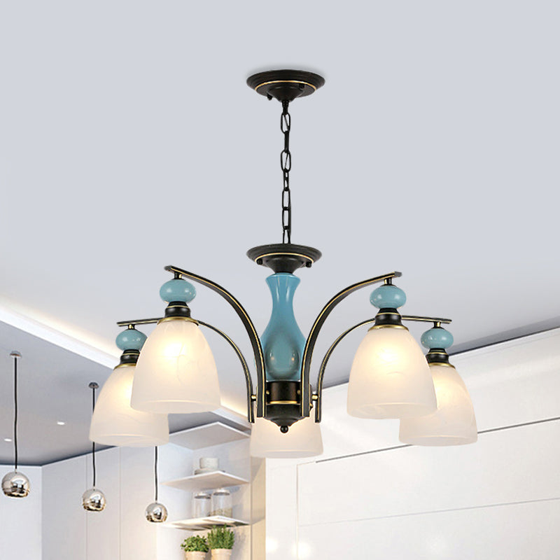 Retro Domed Shade Hanging Pendant 3/5/8 Lights Frosted Glass Chandelier Lighting Fixture in Black and Blue Clearhalo 'Ceiling Lights' 'Chandeliers' Lighting' options 785194