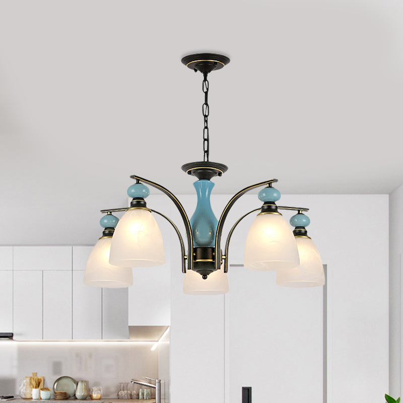 Retro Domed Shade Hanging Pendant 3/5/8 Lights Frosted Glass Chandelier Lighting Fixture in Black and Blue Clearhalo 'Ceiling Lights' 'Chandeliers' Lighting' options 785195