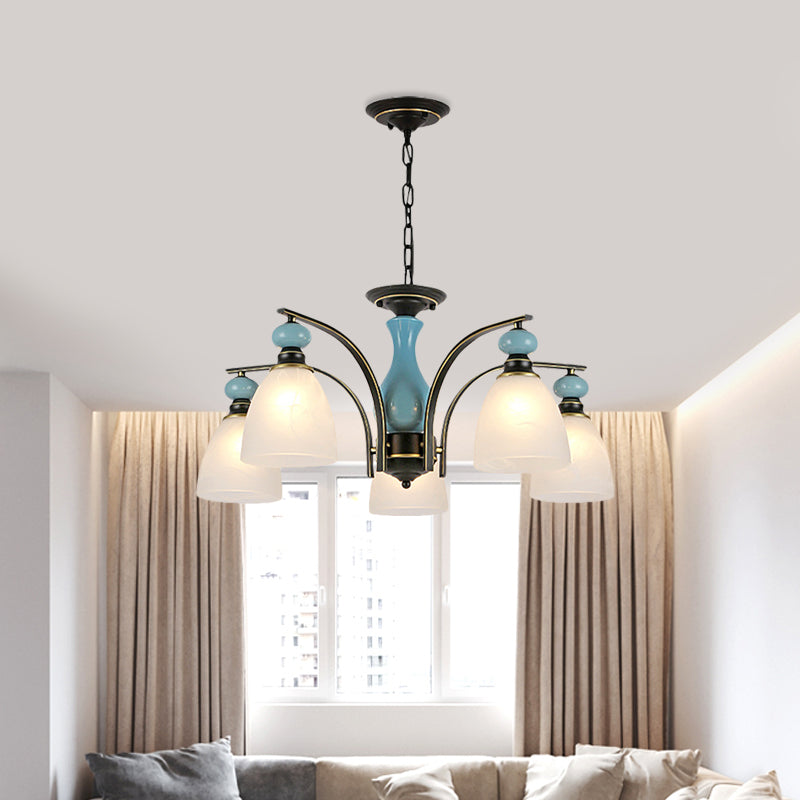 Retro Domed Shade Hanging Pendant 3/5/8 Lights Frosted Glass Chandelier Lighting Fixture in Black and Blue Clearhalo 'Ceiling Lights' 'Chandeliers' Lighting' options 785196