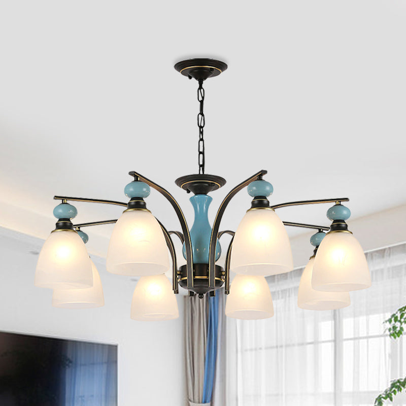 Retro Domed Shade Hanging Pendant 3/5/8 Lights Frosted Glass Chandelier Lighting Fixture in Black and Blue Clearhalo 'Ceiling Lights' 'Chandeliers' Lighting' options 785199