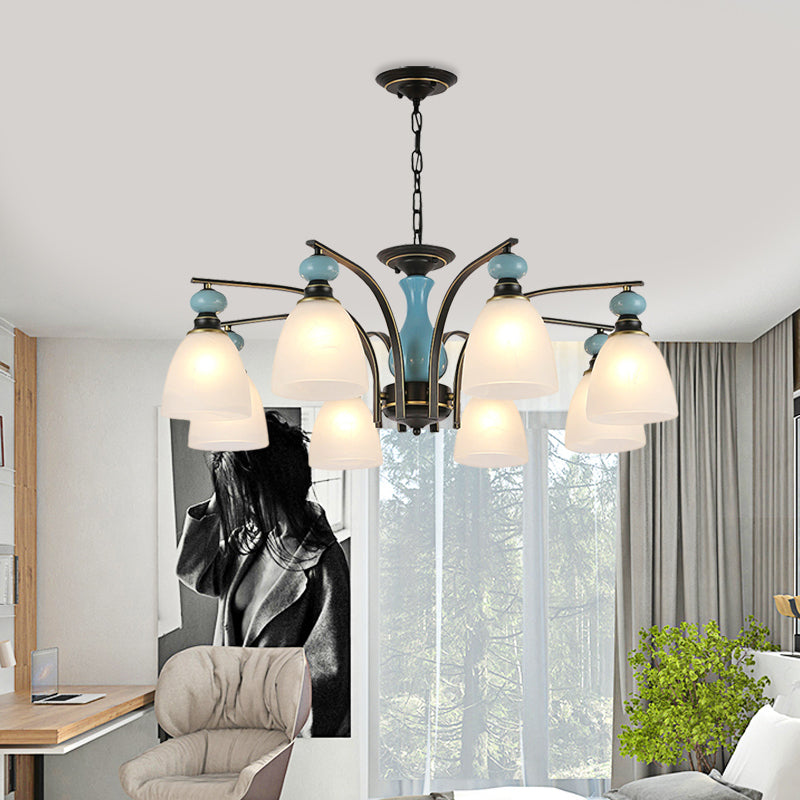 Retro Domed Shade Hanging Pendant 3/5/8 Lights Frosted Glass Chandelier Lighting Fixture in Black and Blue Clearhalo 'Ceiling Lights' 'Chandeliers' Lighting' options 785201