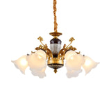 White Glass Floral Pendant Lighting Traditional 6 Lights Living Room Chandelier Lamp in Gold Clearhalo 'Ceiling Lights' 'Chandeliers' Lighting' options 785205