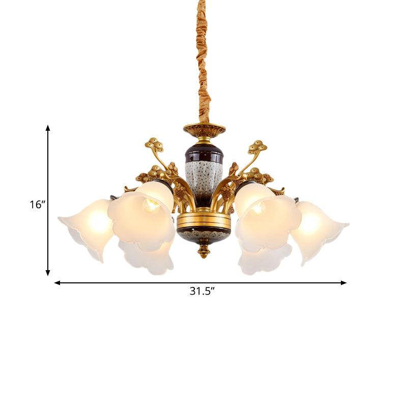 White Glass Floral Pendant Lighting Traditional 6 Lights Living Room Chandelier Lamp in Gold Clearhalo 'Ceiling Lights' 'Chandeliers' Lighting' options 785207