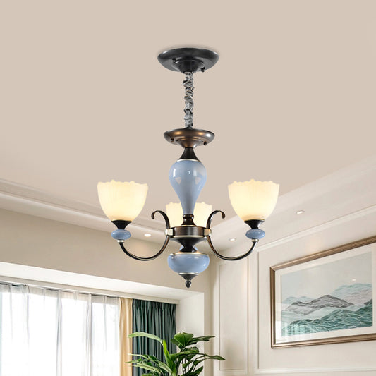 3/6 Heads Pendant Chandelier Countryside Bowl White Glass Ceiling Light in Black with Swooping Arm 3 Black Clearhalo 'Ceiling Lights' 'Chandeliers' 'Close To Ceiling Lights' 'Glass shade' 'Glass' Lighting' 785242