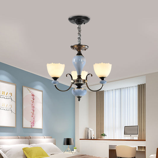 3/6 Heads Pendant Chandelier Countryside Bowl White Glass Ceiling Light in Black with Swooping Arm Clearhalo 'Ceiling Lights' 'Chandeliers' 'Close To Ceiling Lights' 'Glass shade' 'Glass' Lighting' 785243