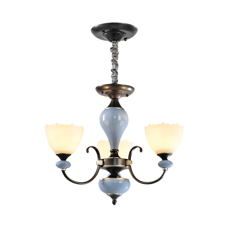 3/6 Heads Pendant Chandelier Countryside Bowl White Glass Ceiling Light in Black with Swooping Arm Clearhalo 'Ceiling Lights' 'Chandeliers' 'Close To Ceiling Lights' 'Glass shade' 'Glass' Lighting' 785244