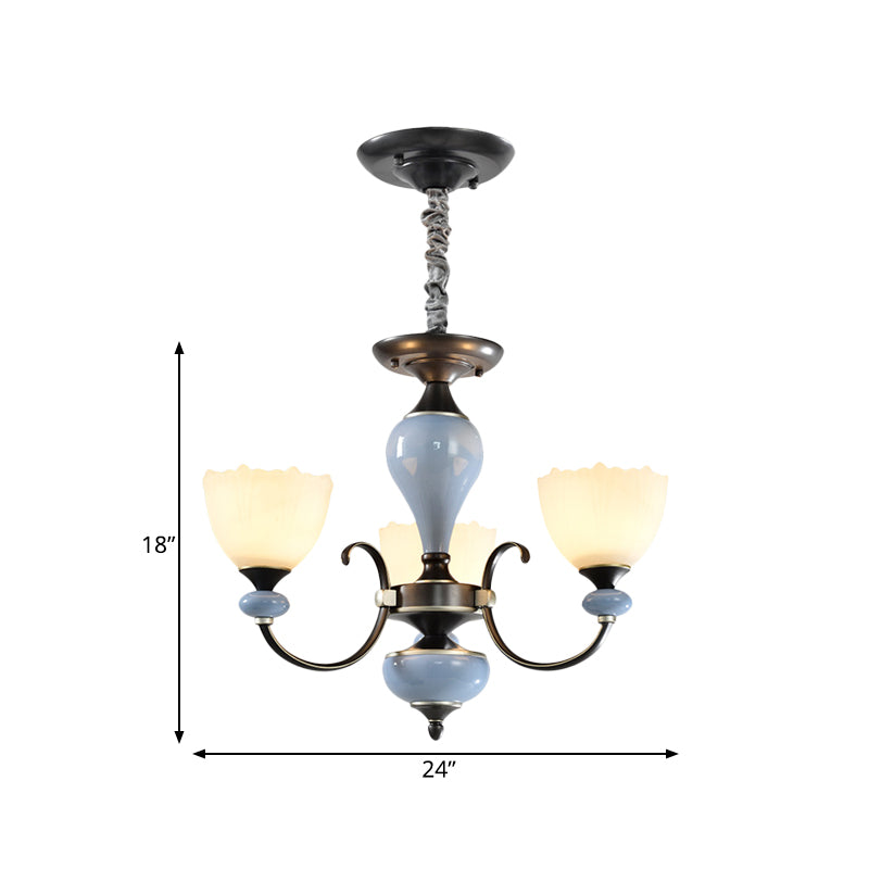 3/6 Heads Pendant Chandelier Countryside Bowl White Glass Ceiling Light in Black with Swooping Arm Clearhalo 'Ceiling Lights' 'Chandeliers' 'Close To Ceiling Lights' 'Glass shade' 'Glass' Lighting' 785245