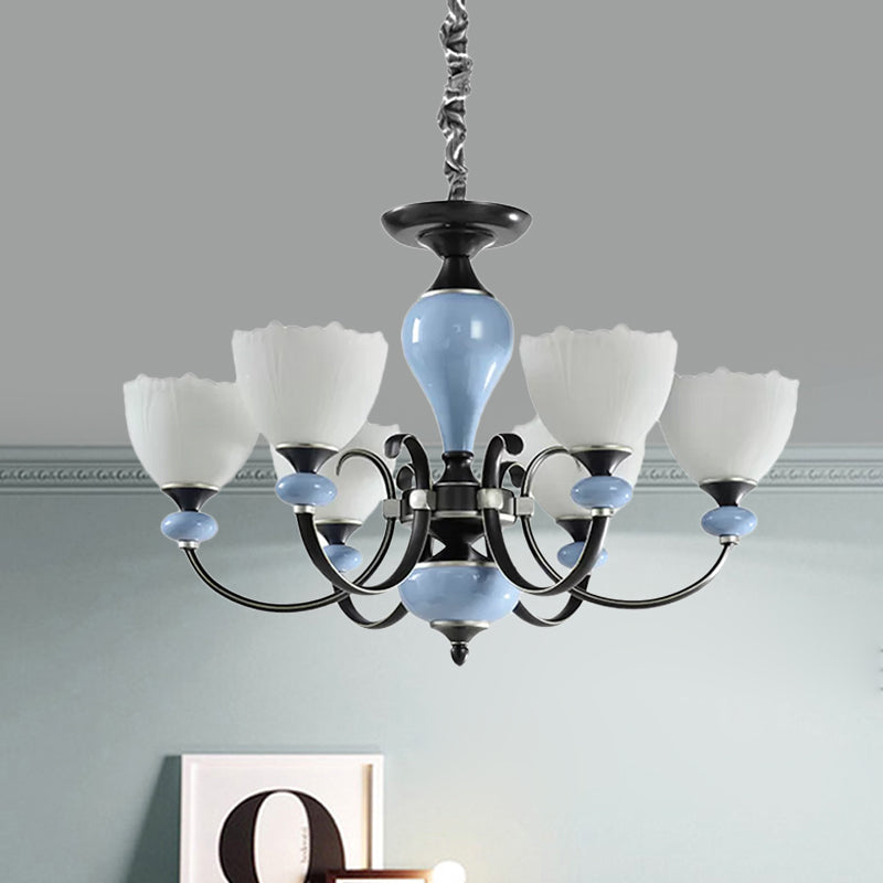 3/6 Heads Pendant Chandelier Countryside Bowl White Glass Ceiling Light in Black with Swooping Arm 6 Black Clearhalo 'Ceiling Lights' 'Chandeliers' 'Close To Ceiling Lights' 'Glass shade' 'Glass' Lighting' 785246