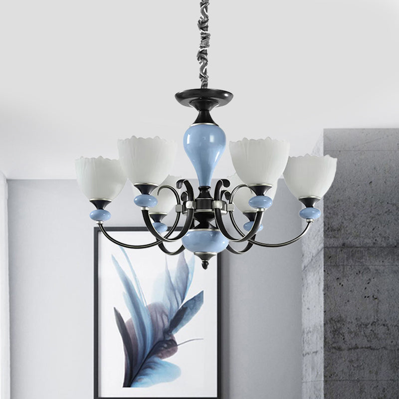 3/6 Heads Pendant Chandelier Countryside Bowl White Glass Ceiling Light in Black with Swooping Arm Clearhalo 'Ceiling Lights' 'Chandeliers' 'Close To Ceiling Lights' 'Glass shade' 'Glass' Lighting' 785247
