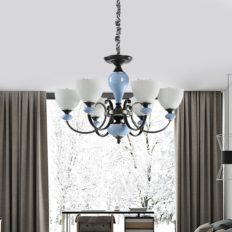 3/6 Heads Pendant Chandelier Countryside Bowl White Glass Ceiling Light in Black with Swooping Arm Clearhalo 'Ceiling Lights' 'Chandeliers' 'Close To Ceiling Lights' 'Glass shade' 'Glass' Lighting' 785248