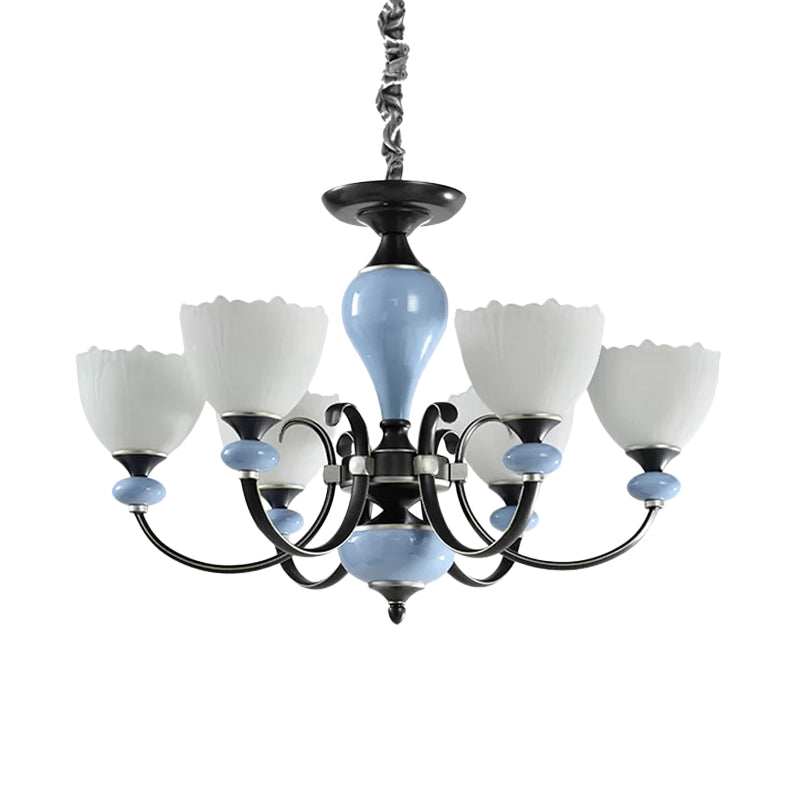 3/6 Heads Pendant Chandelier Countryside Bowl White Glass Ceiling Light in Black with Swooping Arm Clearhalo 'Ceiling Lights' 'Chandeliers' 'Close To Ceiling Lights' 'Glass shade' 'Glass' Lighting' 785249