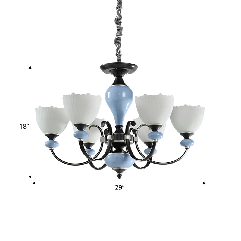 3/6 Heads Pendant Chandelier Countryside Bowl White Glass Ceiling Light in Black with Swooping Arm Clearhalo 'Ceiling Lights' 'Chandeliers' 'Close To Ceiling Lights' 'Glass shade' 'Glass' Lighting' 785250