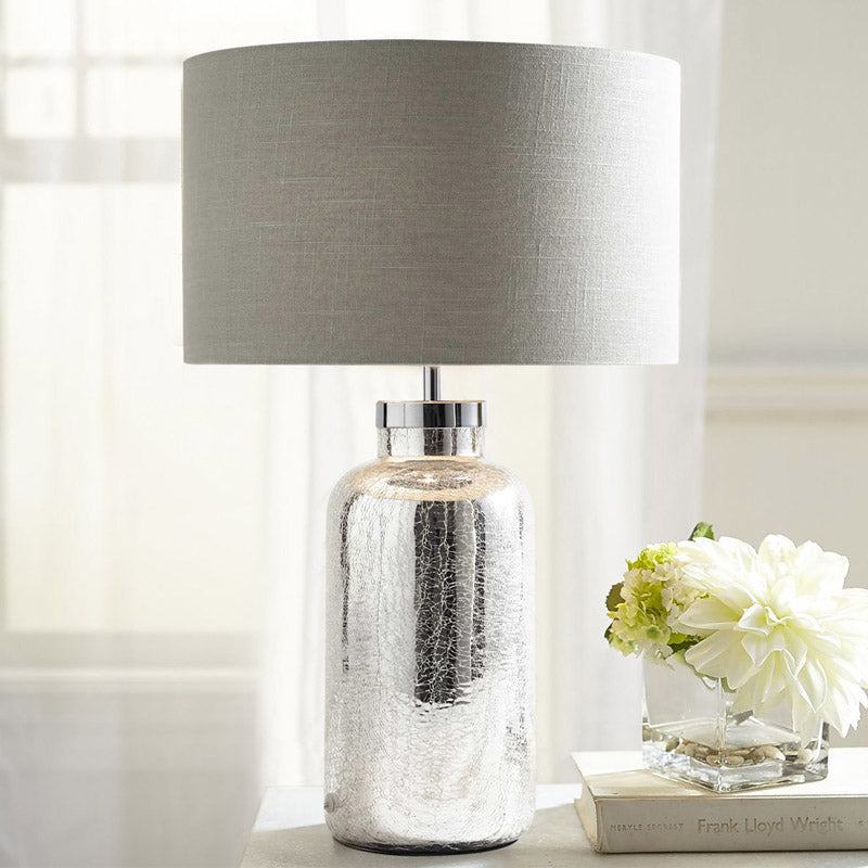 Round Fabric Night Light Countryside 1-Light Bedroom Table Lighting in Grey with Crackle Bottle Base Grey Clearhalo 'Lamps' 'Table Lamps' Lighting' 785251