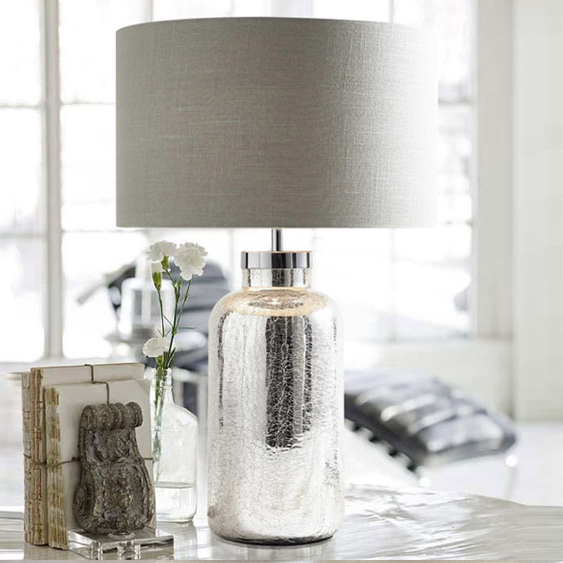 Round Fabric Night Light Countryside 1-Light Bedroom Table Lighting in Grey with Crackle Bottle Base Clearhalo 'Lamps' 'Table Lamps' Lighting' 785252