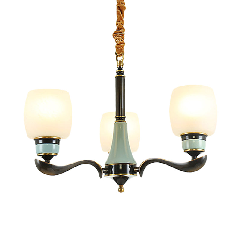 Black Bucket Hanging Chandelier Rural Style White Glass 3 Lights Dining Room Pendant Lighting Fixture Clearhalo 'Ceiling Lights' 'Chandeliers' Lighting' options 785257