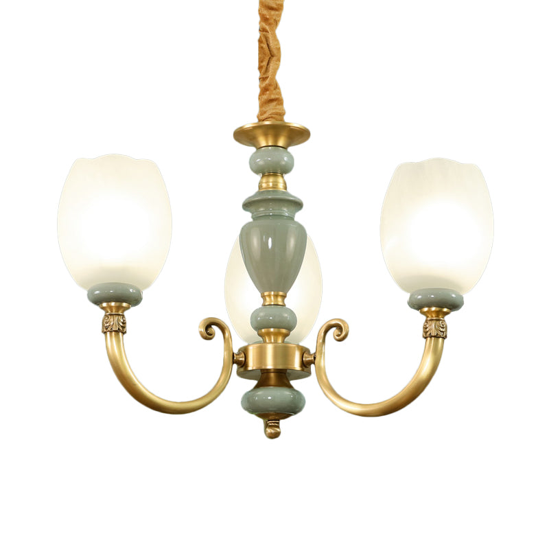 Elongated Dome Dining Room Chandelier Lighting Countryside Frosted 3 Heads Gold Finish Pendant Lamp Clearhalo 'Ceiling Lights' 'Chandeliers' Lighting' options 785261