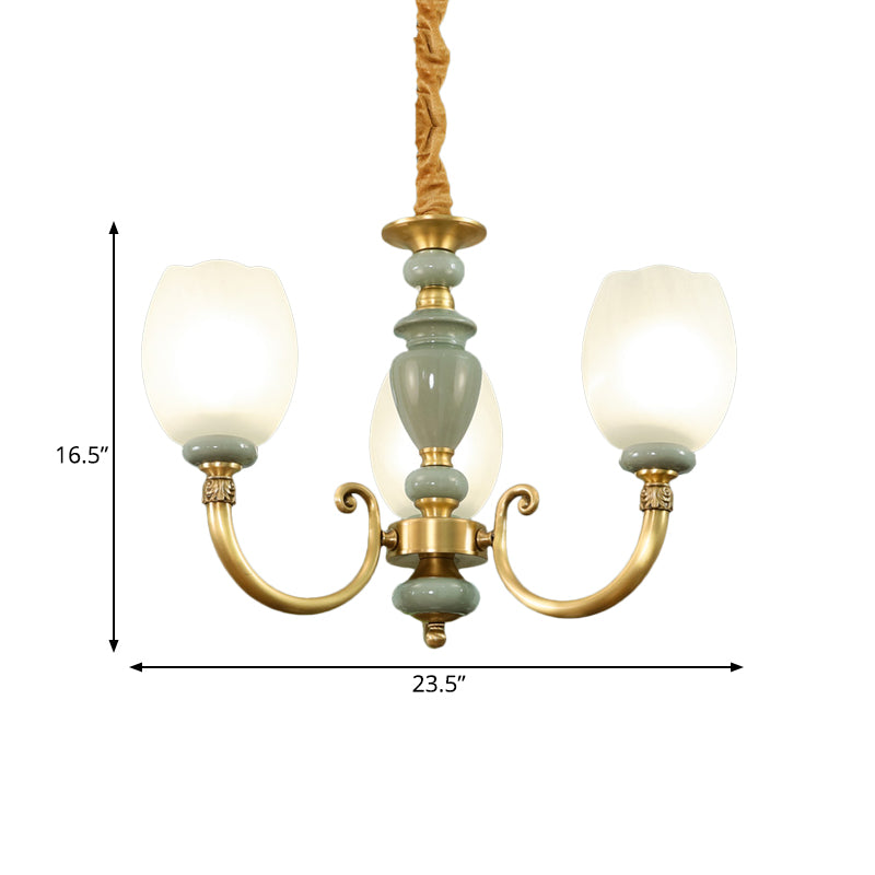 Elongated Dome Dining Room Chandelier Lighting Countryside Frosted 3 Heads Gold Finish Pendant Lamp Clearhalo 'Ceiling Lights' 'Chandeliers' Lighting' options 785262