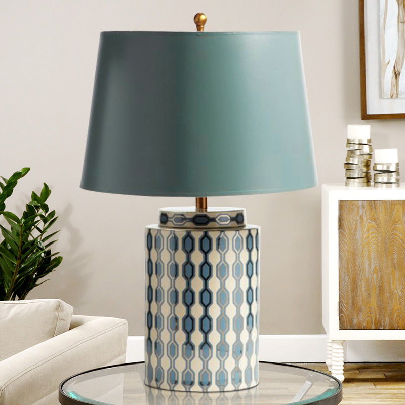 Fabric Tapered Drum Nightstand Lamp Country 1-Bulb Living Room Table Lighting in Green with Cylinder Base Green Clearhalo 'Lamps' 'Table Lamps' Lighting' 785263