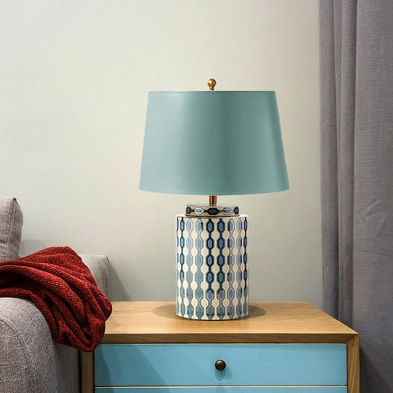 Fabric Tapered Drum Nightstand Lamp Country 1-Bulb Living Room Table Lighting in Green with Cylinder Base Clearhalo 'Lamps' 'Table Lamps' Lighting' 785264