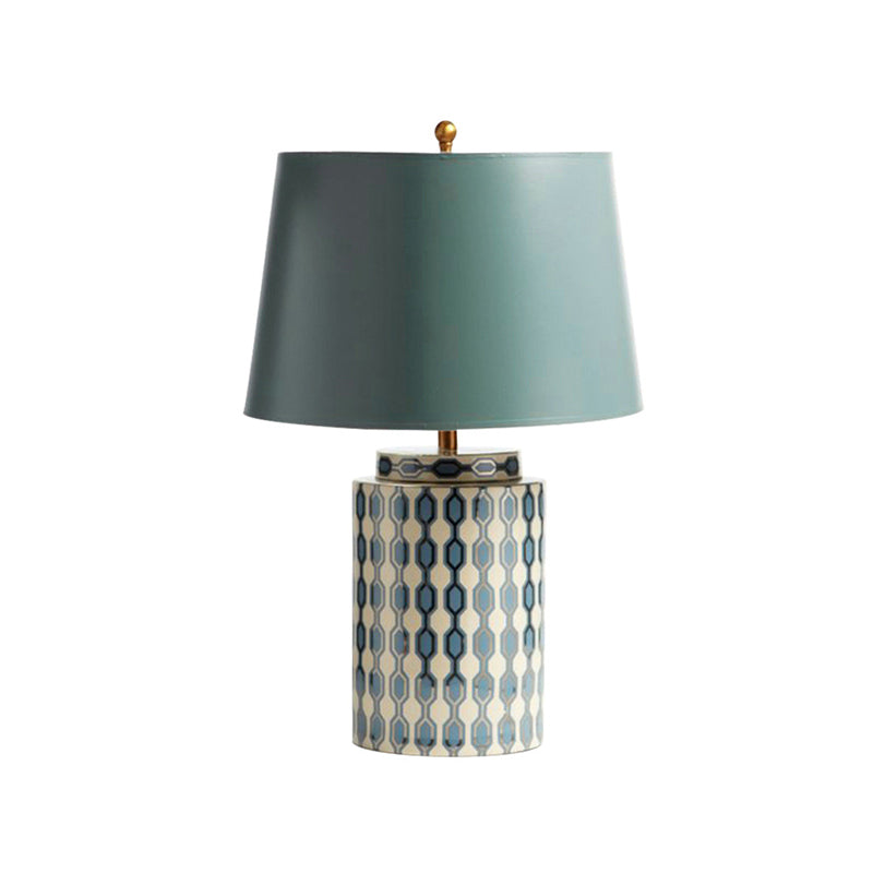 Fabric Tapered Drum Nightstand Lamp Country 1-Bulb Living Room Table Lighting in Green with Cylinder Base Clearhalo 'Lamps' 'Table Lamps' Lighting' 785265
