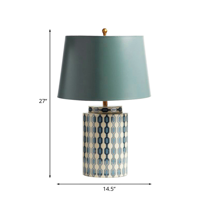 Fabric Tapered Drum Nightstand Lamp Country 1-Bulb Living Room Table Lighting in Green with Cylinder Base Clearhalo 'Lamps' 'Table Lamps' Lighting' 785266