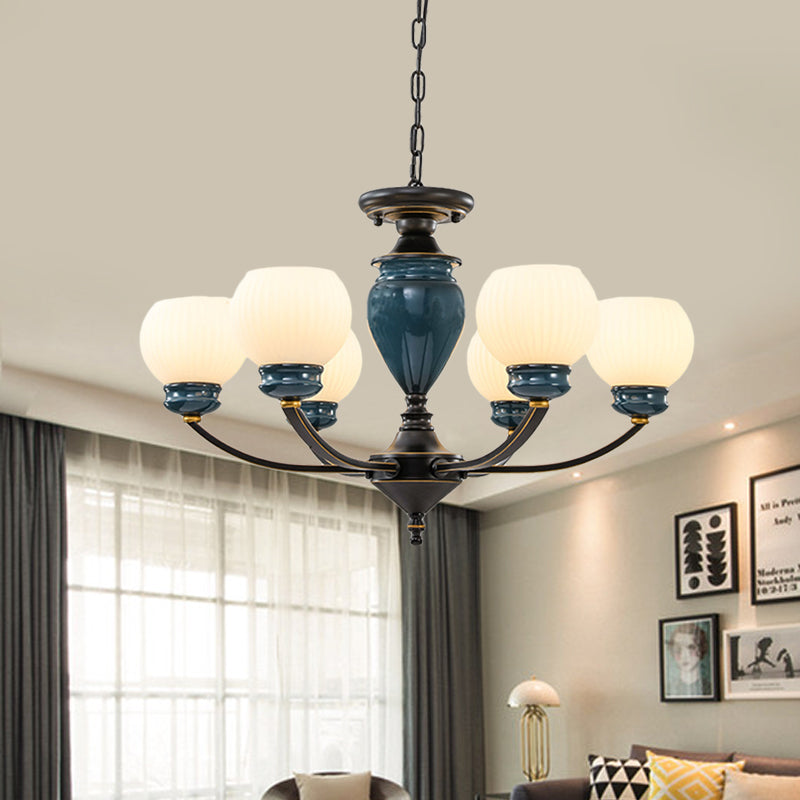 Black 3/6/8 Bulbs Chandelier Lighting Fixture Rural Milky Glass Spherical Hanging Pendant Clearhalo 'Ceiling Lights' 'Chandeliers' Lighting' options 785272