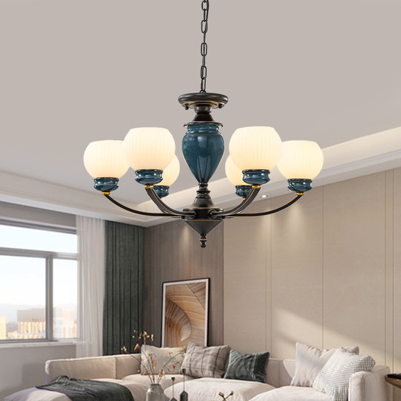 Black 3/6/8 Bulbs Chandelier Lighting Fixture Rural Milky Glass Spherical Hanging Pendant Clearhalo 'Ceiling Lights' 'Chandeliers' Lighting' options 785273