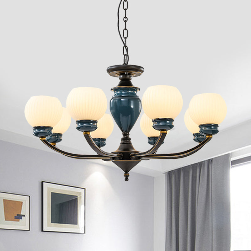 Black 3/6/8 Bulbs Chandelier Lighting Fixture Rural Milky Glass Spherical Hanging Pendant Clearhalo 'Ceiling Lights' 'Chandeliers' Lighting' options 785276