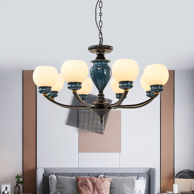 Black 3/6/8 Bulbs Chandelier Lighting Fixture Rural Milky Glass Spherical Hanging Pendant Clearhalo 'Ceiling Lights' 'Chandeliers' Lighting' options 785277