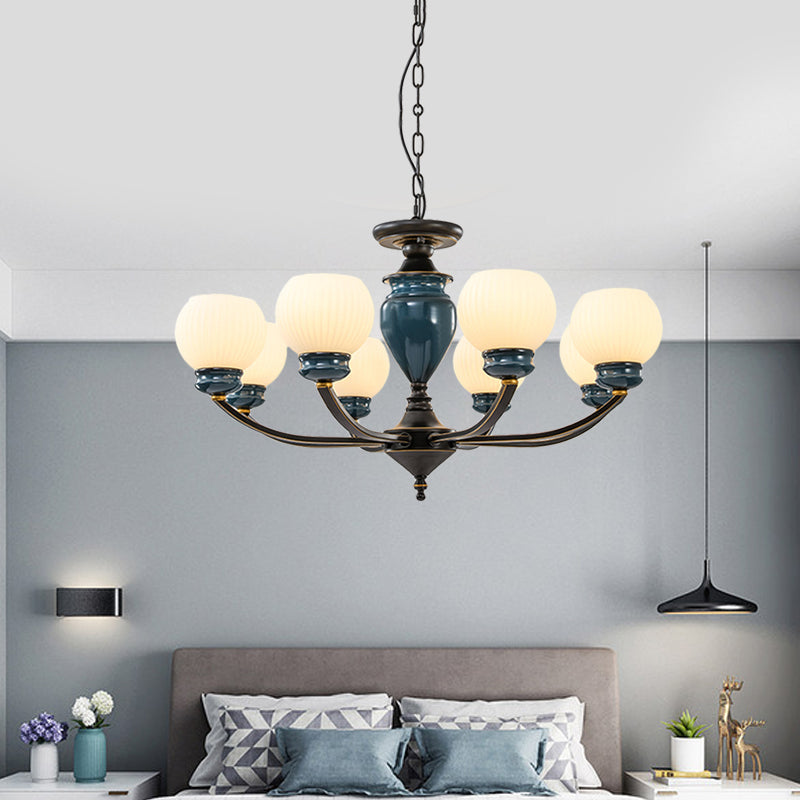 Black 3/6/8 Bulbs Chandelier Lighting Fixture Rural Milky Glass Spherical Hanging Pendant Clearhalo 'Ceiling Lights' 'Chandeliers' Lighting' options 785278