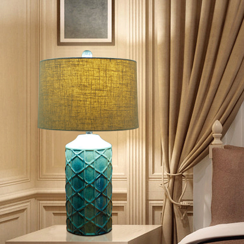 Ceramic Blue Night Light Lattice Cylinder 1 Light Rustic Nightstand Lighting with Round Fabric Shade Blue Clearhalo 'Lamps' 'Table Lamps' Lighting' 785289