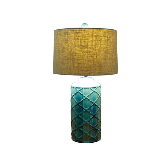 Ceramic Blue Night Light Lattice Cylinder 1 Light Rustic Nightstand Lighting with Round Fabric Shade Clearhalo 'Lamps' 'Table Lamps' Lighting' 785291