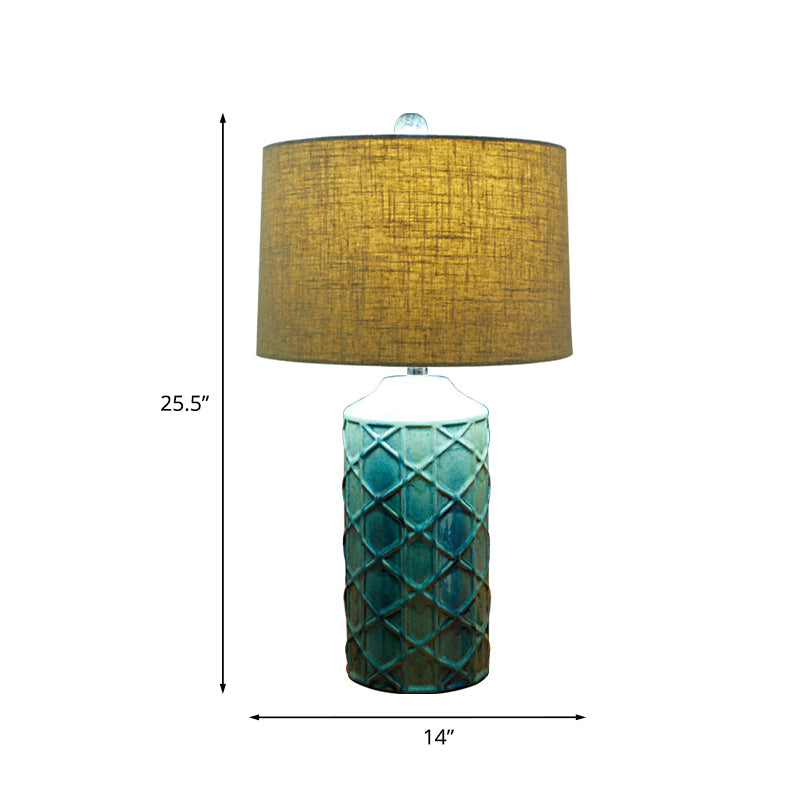 Ceramic Blue Night Light Lattice Cylinder 1 Light Rustic Nightstand Lighting with Round Fabric Shade Clearhalo 'Lamps' 'Table Lamps' Lighting' 785292