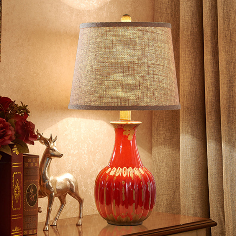 1 Light Ceramic Night Light Rural Style Red/Blue Vase Bedroom Nightstand Lamp with Tapered Drum Fabric Shade Red Clearhalo 'Lamps' 'Table Lamps' Lighting' 785301