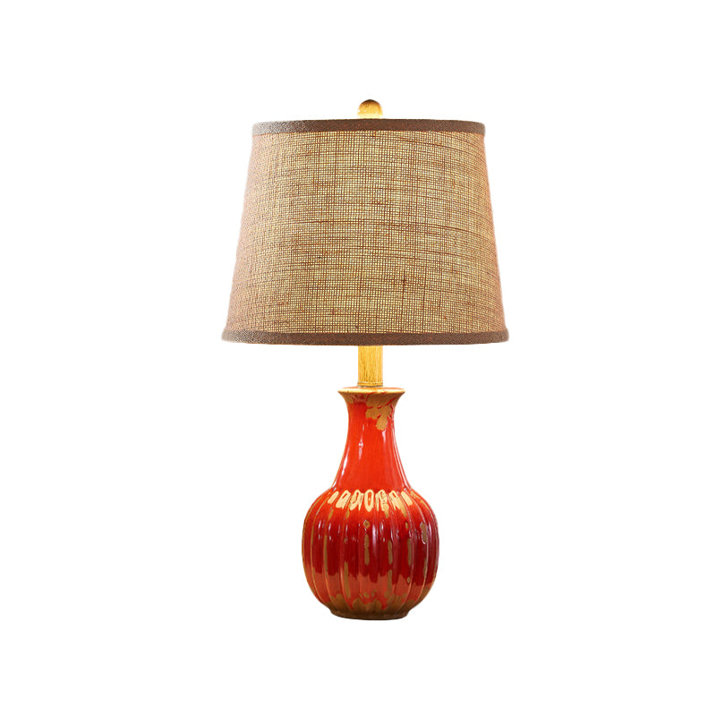 1 Light Ceramic Night Light Rural Style Red/Blue Vase Bedroom Nightstand Lamp with Tapered Drum Fabric Shade Clearhalo 'Lamps' 'Table Lamps' Lighting' 785304