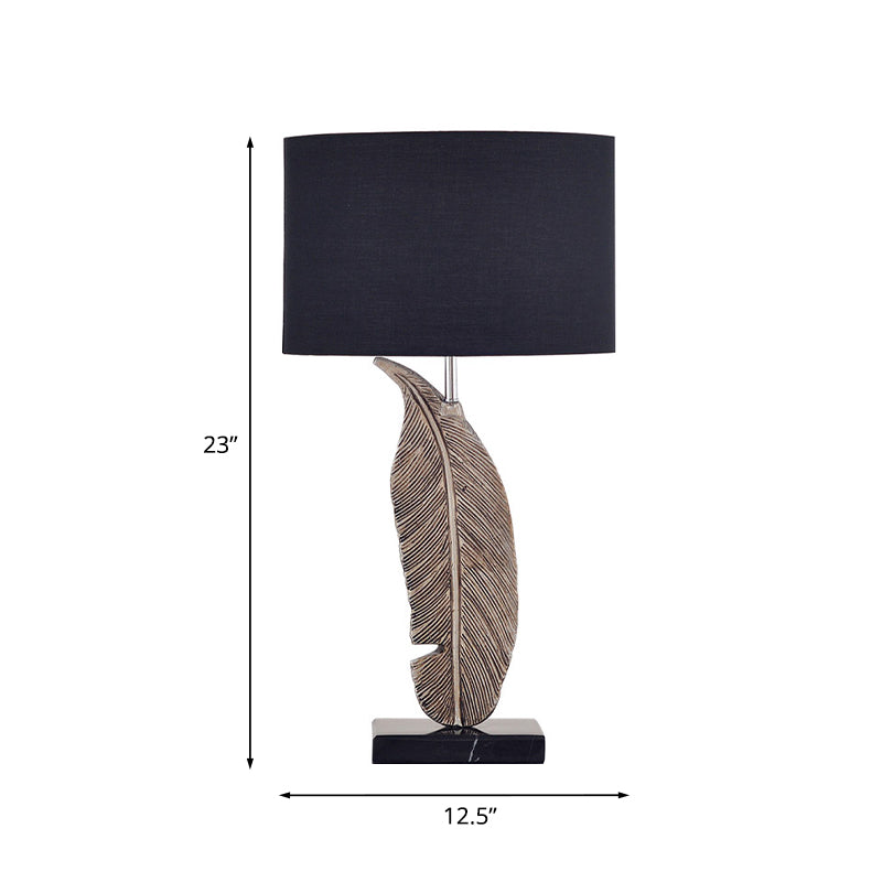 1-Bulb Night Table Lighting Classic Drum Shade Fabric Nightstand Lamp in Black with Feather Base Clearhalo 'Lamps' 'Table Lamps' Lighting' 785326