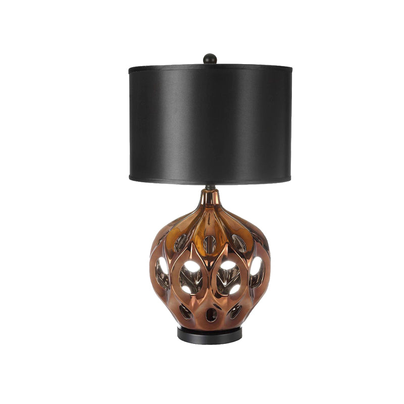 Ceramic Hollowed Out Jar Nightstand Lamp Retro 1-Bulb Bedroom Table Lighting in Gold/Rose Gold with Black Drum Shade Clearhalo 'Lamps' 'Table Lamps' Lighting' 785337