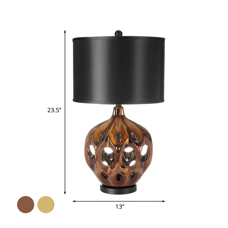 Ceramic Hollowed Out Jar Nightstand Lamp Retro 1-Bulb Bedroom Table Lighting in Gold/Rose Gold with Black Drum Shade Clearhalo 'Lamps' 'Table Lamps' Lighting' 785338