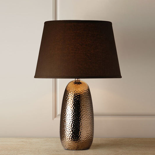 1 Light Table Lighting Rural Bedroom Hammered Ovoid Nightstand Lamp with Conical Fabric Shade in Brown Brown Clearhalo 'Lamps' 'Table Lamps' Lighting' 785351