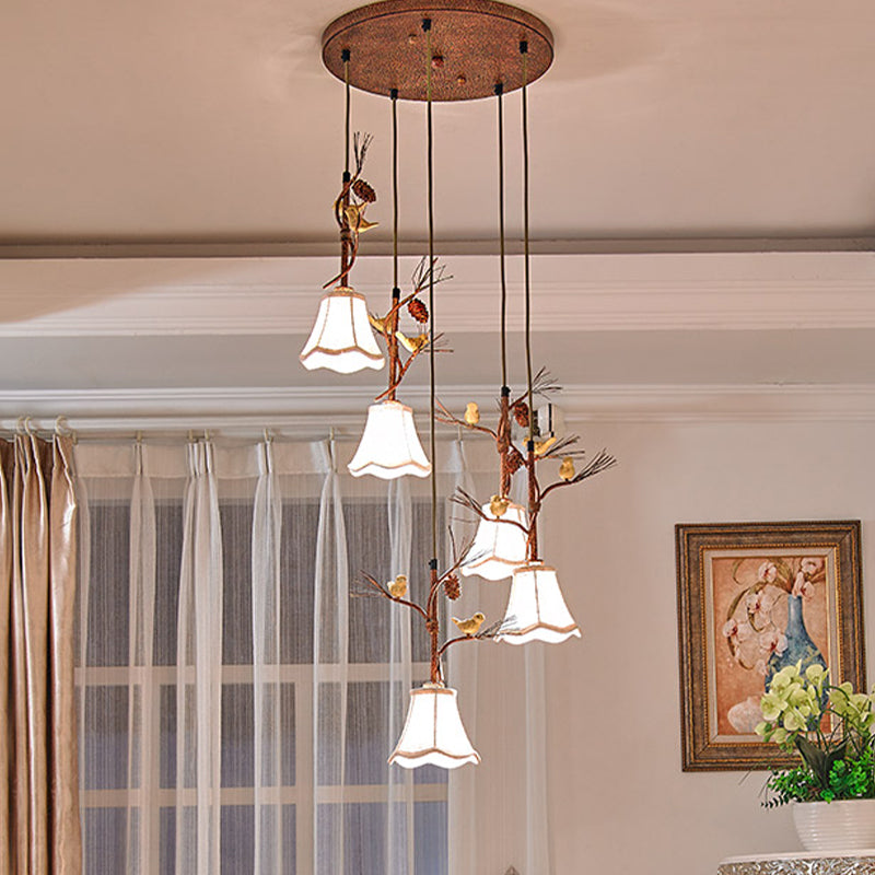 Flaxen 3/5 Heads Cluster Pendant Light Country Fabric Scalloped Suspension Lamp with Bird and Pinecone Deco 5 Flaxen Clearhalo 'Ceiling Lights' 'Pendant Lights' 'Pendants' Lighting' 785355_79773082-87ba-467d-8085-ee9ad2ef26e7